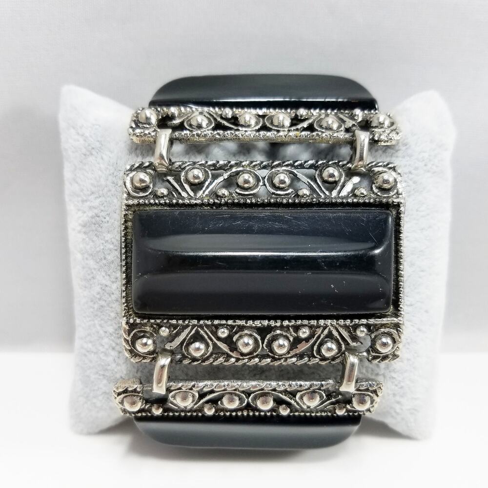 Vintage Selro Style Bracelet, Raised Lucite Black Panels, Chunky Wide
